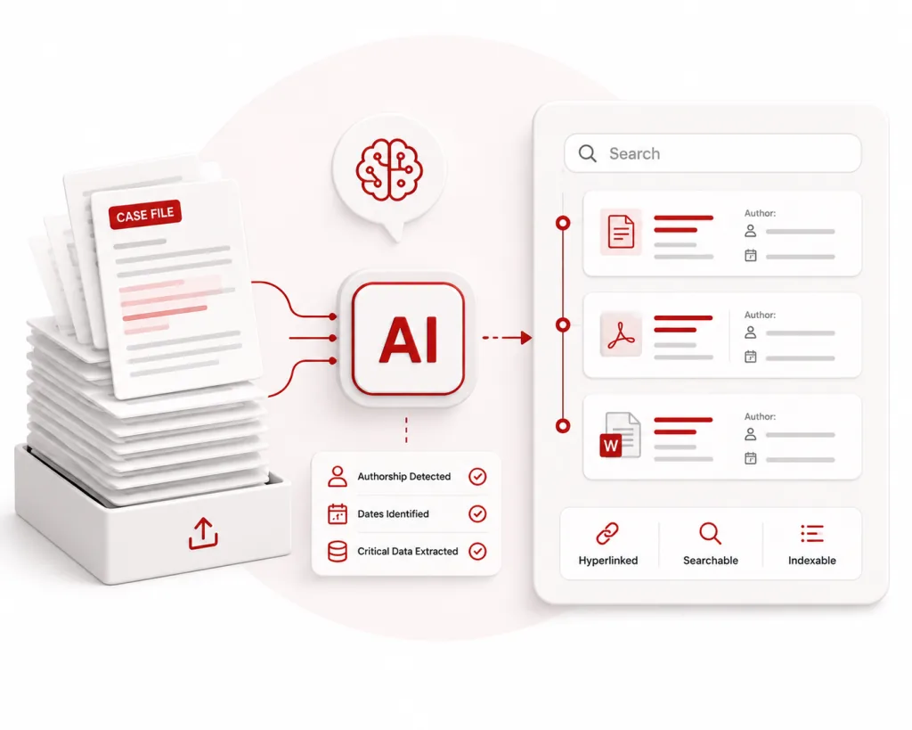 AI case file review searchable hyperlinked index